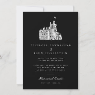 Elegant Vintage Castle Illustration Black Bröllop Inbjudningar