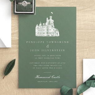 Elegant Vintage Castle Illustration Grönt Bröllop Inbjudningar