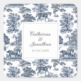 Elegant Vintage Chic Blue Horse Toile Bröllop Fyrkantigt Klistermärke