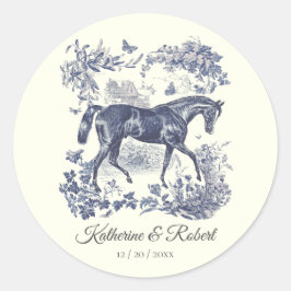 Elegant Vintage Chic Blue Horse Toile Bröllop Runt Klistermärke
