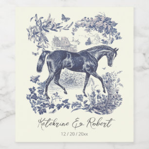 Elegant Vintage Chic Blue Horse Toile Bröllop Vinflaska Etikett
