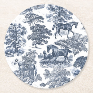 Elegant Vintage Chic Blue Horses Land Toile Underlägg Papper Rund