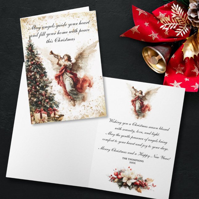 Elegant Vintage Christmas Angel Helgkort (Vintage holiday greeting card depicting an angel with golden accents and floral elements)