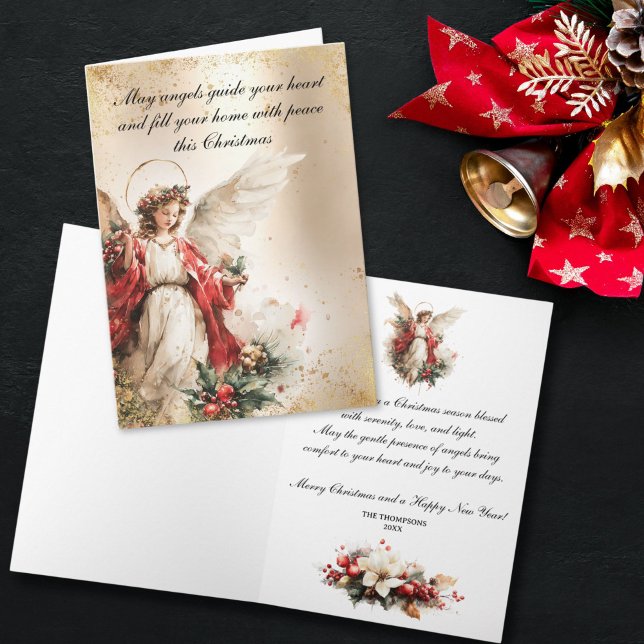 Elegant Vintage Christmas Angel Helgkort (Watercolor Christmas card featuring a serene angel illustration with golden accents, symbolizing pea)