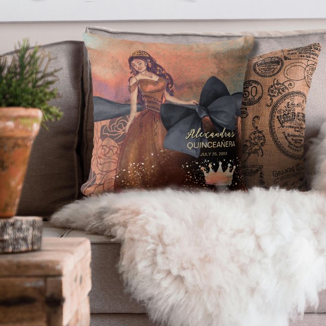 Elegant Vintage Copper Ro Quinceañera Keepsaké Kudde (Elegant Vintage Copper Rose Quinceañera Keepsake Throw Pillow)
