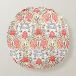 Elegant Vintage Coral Red Flowers Mönster Rund Kudde