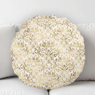 Elegant Vintage Damask Guld Vit Rund Kudde