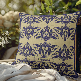 Elegant vintage damask marinblå gul monogram kudde