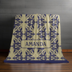 Elegant vintage, damm, marin gult, monogram fleecefilt