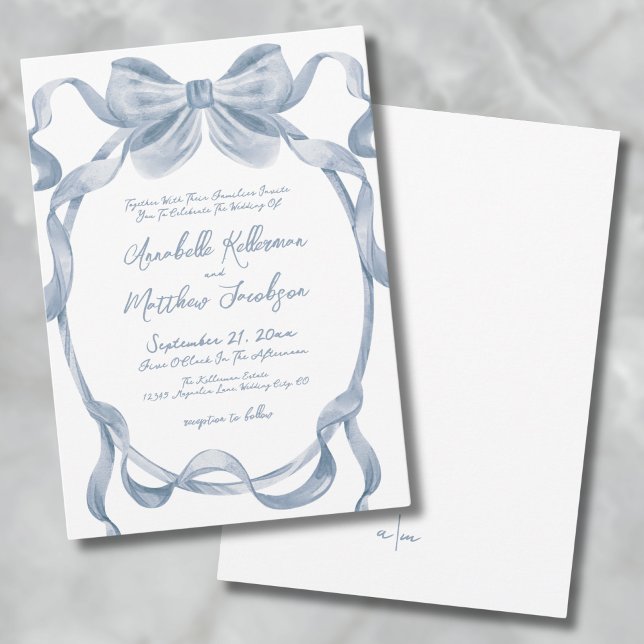 Elegant Vintage Dammtorblå Båge Bröllop Inbjudningar (Elegant Vintage Dusty Blue Bow Wedding Invitation)