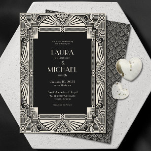 Elegant Vintage Deco Black Ivory-inbjudan Inbjudningar