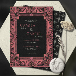 Elegant Vintage Deco Black Salmon Inbjudningar