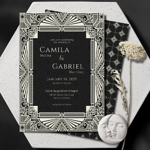Elegant Vintage Deco Ivory Black-inbjudan Inbjudningar
