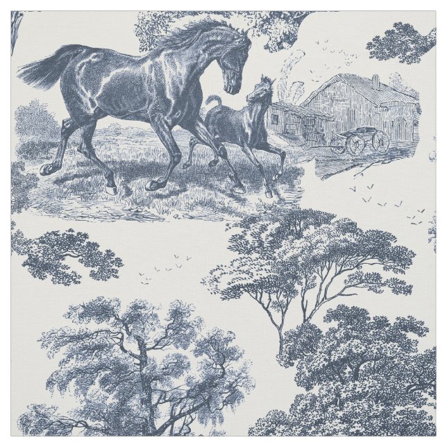 Elegant Vintage Dusty Blue Horse Toile Tyg (Provkarta)