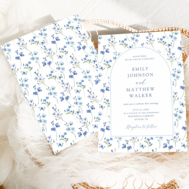 Elegant Vintage Dusty Blue Wildblomma Bröllop Inbjudningar (Skapare uppladdad)
