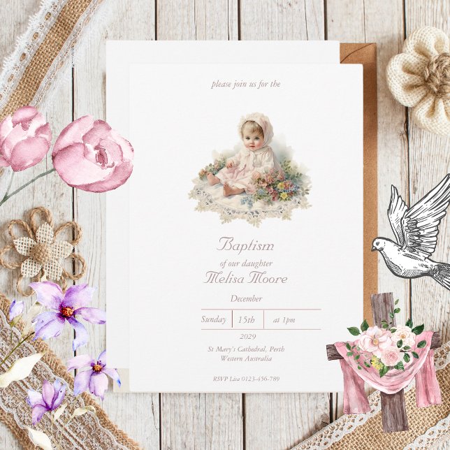 Elegant Vintage Flicka Baptism Inbjudningar (Elegant Vintage Baptism Invitations)