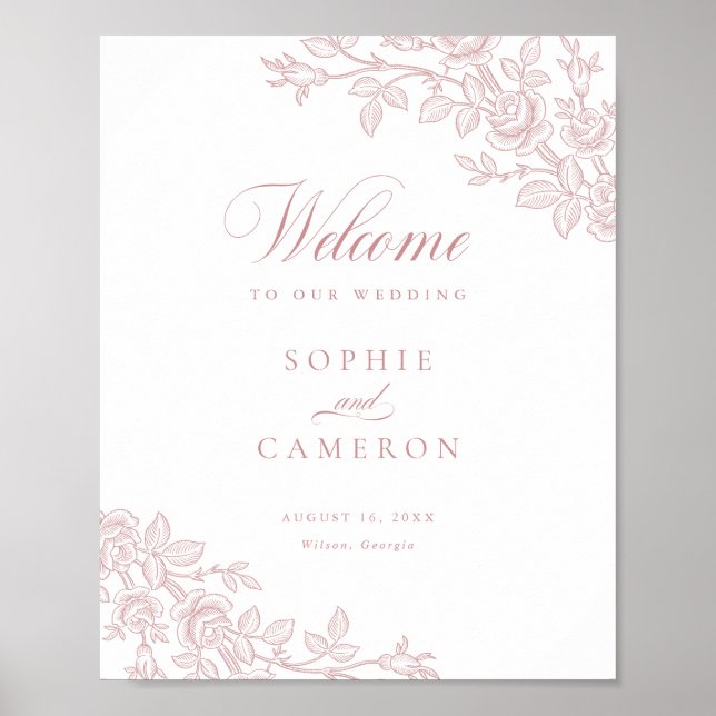 Elegant Vintage Floral Blush Pink Wedding Welcome Poster (Framsidan)