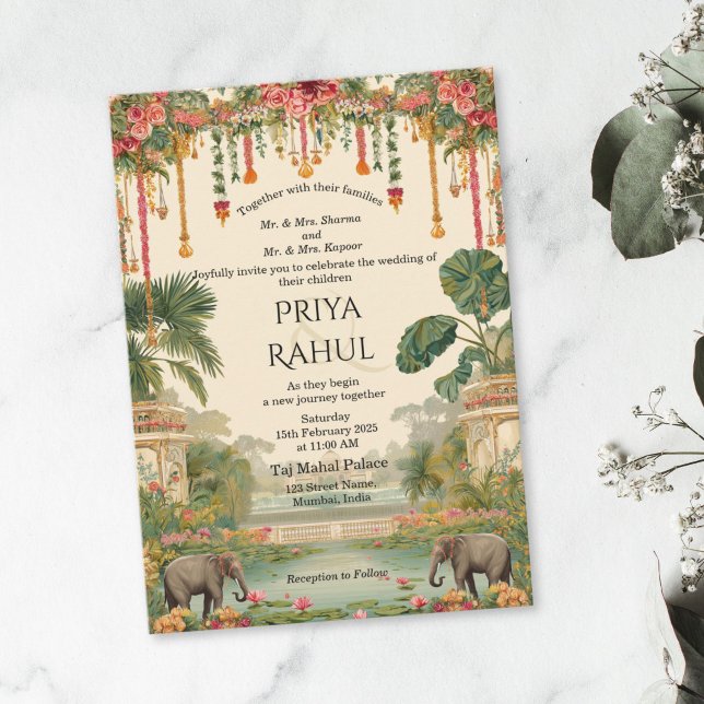 Elegant Vintage Floral Elephants Indian Wedding Inbjudningar (vintage floral elephants wedding invitation)