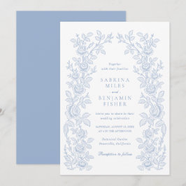 Elegant Vintage Floral Frame Dusty Blue Wedding Inbjudningar