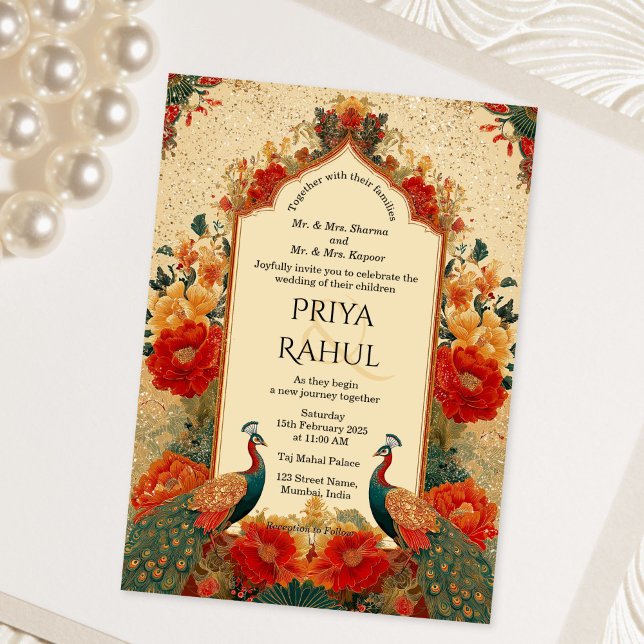 Elegant Vintage Floral Peacock Indian Wedding Inbjudningar (Elegant Vintage Floral Peacock Indian Wedding Invitation)
