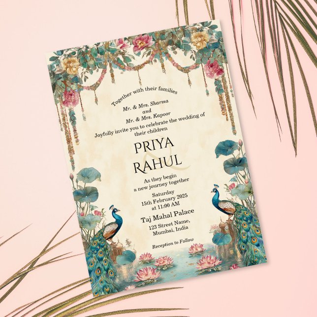 Elegant Vintage Floral Peacock Indian Wedding Inbjudningar (indian wedding invitation with peacocks and lotus flowers)