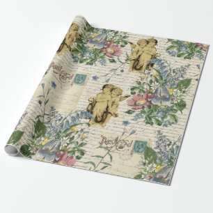 Elegant Vintage Flowers Änglar Gammalt skript Presentpapper