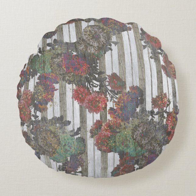 Elegant Vintage Flowers Fransk Tickning Rand Rund Kudde (Framsidan)