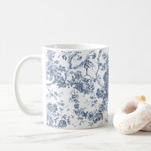 Elegant Vintage Fransk Engraved Blommigt Toile-Blu Kaffemugg (Med munk)