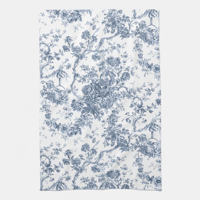 Elegant Vintage Fransk Engraved Blommigt Toile-Blu Kökshandduk (Vertikal)