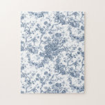 Elegant Vintage Fransk Engraved Blommigt Toile-Blu Pussel<br><div class="desc">Elegant och porös vintage blå och vit rocka de jouy mönster med exotiska blommor,  vinstockar och bladverk som är sammanflätade med trädgårdar och basket i ro. Mönster anpassades från ett textilfragment av historisk Fransk ca 1910 i Smithsoniska samlingen. Mönster är högt men kan inte tippas.</div>