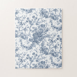 Elegant Vintage Fransk Engraved Blommigt Toile-Blu Pussel