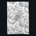Elegant Vintage Fransk Förhöjt Blommigt Toile- Grå Kökshandduk<br><div class="desc">Elegant- och portaväxt av grått och vit vintage de jouy mönster med exotiska blommor,  vinstockar och bladverk som är sammanflätade med trädgårdar och basket av ro. Mönster anpassades från ett textilfragment av historisk Fransk ca 1910 i Smithsoniska samlingen. Mönster är högt men kan inte tippas.</div>