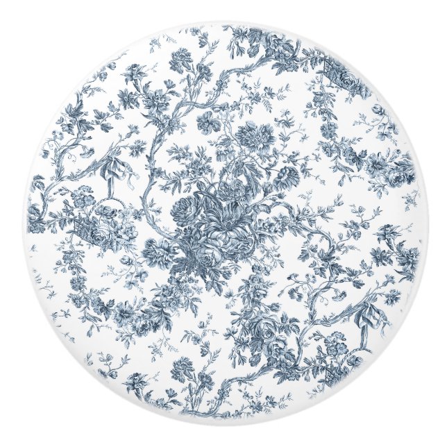 Elegant Vintage Fransk Graverad Blommig Toile-Blå Knopp (Framsidan)