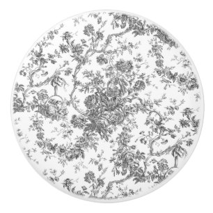 Elegant Vintage Fransk Graverad Blommig Toile-Grå Knopp