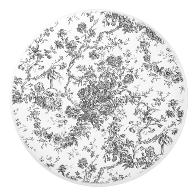 Elegant Vintage Fransk Graverad Blommig Toile-Grå Knopp (Framsidan)