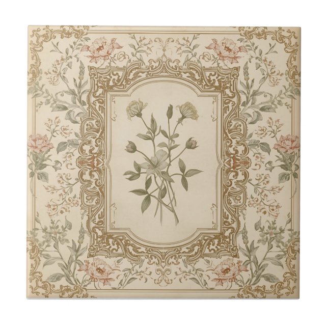 Elegant Vintage Fransk Graverad Blommönster Kakelplatta (Framsidan)
