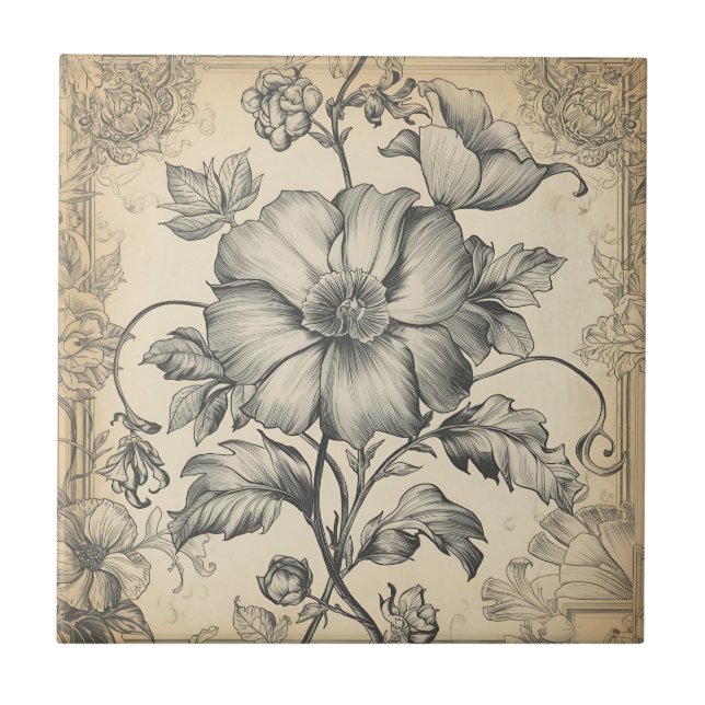 Elegant Vintage Fransk Graverad Blommönster Kakelplatta (Framsidan)