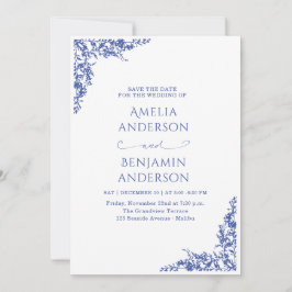 Elegant Vintage French  Blue Floral Wedding  Inbjudningar