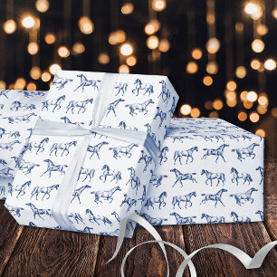 Elegant Vintage Galopperande Hästar Blå Vit Toile Presentpapper
