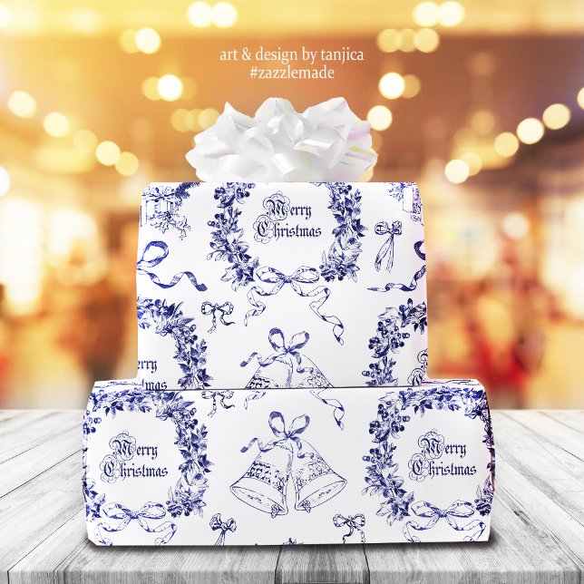 Elegant Vintage God jul Bows Blue Toile Presentpapper (Skapare uppladdad)