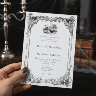 Elegant Vintage Gotisk Svart Toile Döskalle Bröllo Inbjudningar
