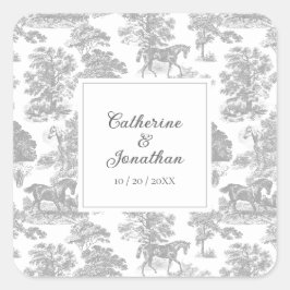 Elegant Vintage Grå Vit Häst Toile Bröllop Fyrkantigt Klistermärke