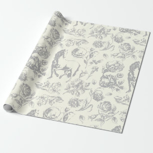 Elegant Vintage Grått Blommönster Ivory Horse Presentpapper