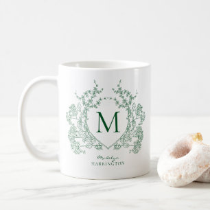 Elegant Vintage Grön Blommig Vapen Monogram Kaffemugg