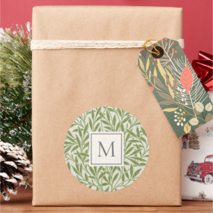 Elegant Vintage Gröna Pilblad Monogram Runt Klistermärke