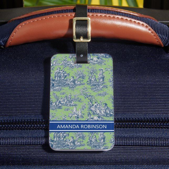 Elegant vintage grönt blue toile de jouy bagagebricka (Framsida Insitu 2)