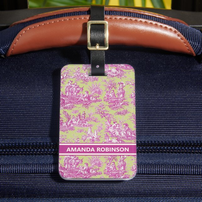 Elegant vintage grönt rosa toile de jouy bagagebricka (Framsida Insitu 2)