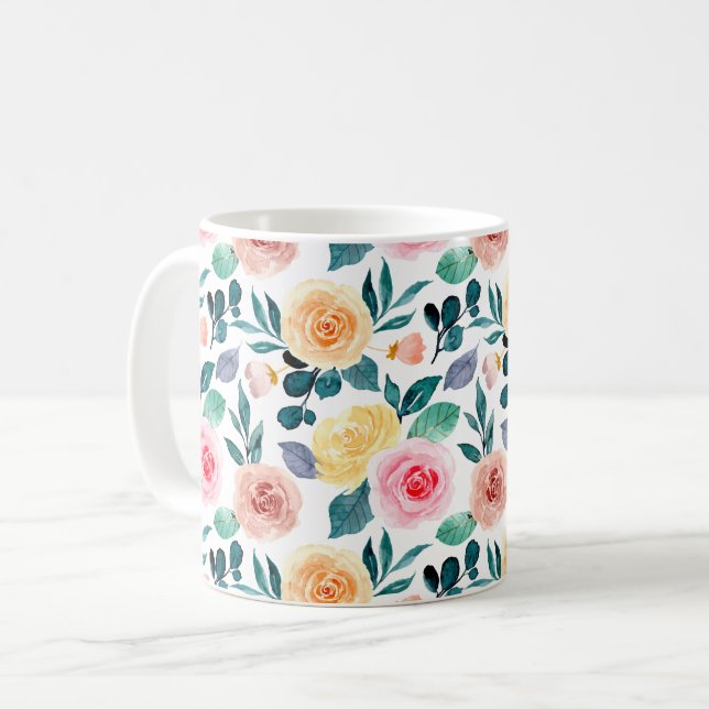 Elegant Vintage Grönt Vattenfärg, Blommönster Kaffemugg (Framsida vänster)