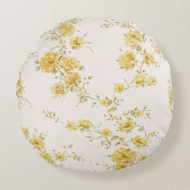 Elegant Vintage Gula Rosor Blommönster  Rund Kudde (Framsidan)