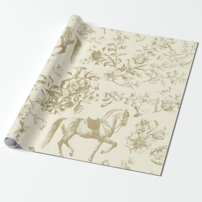Elegant Vintage Guld Beige Horse Blommönster Presentpapper (Utrullad)